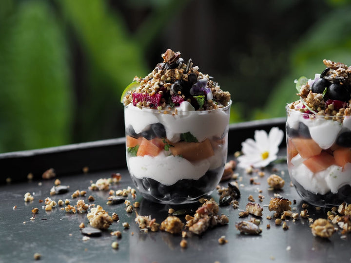 Papaya & Blueberry Parfait with Maple Buckwheat Crumble